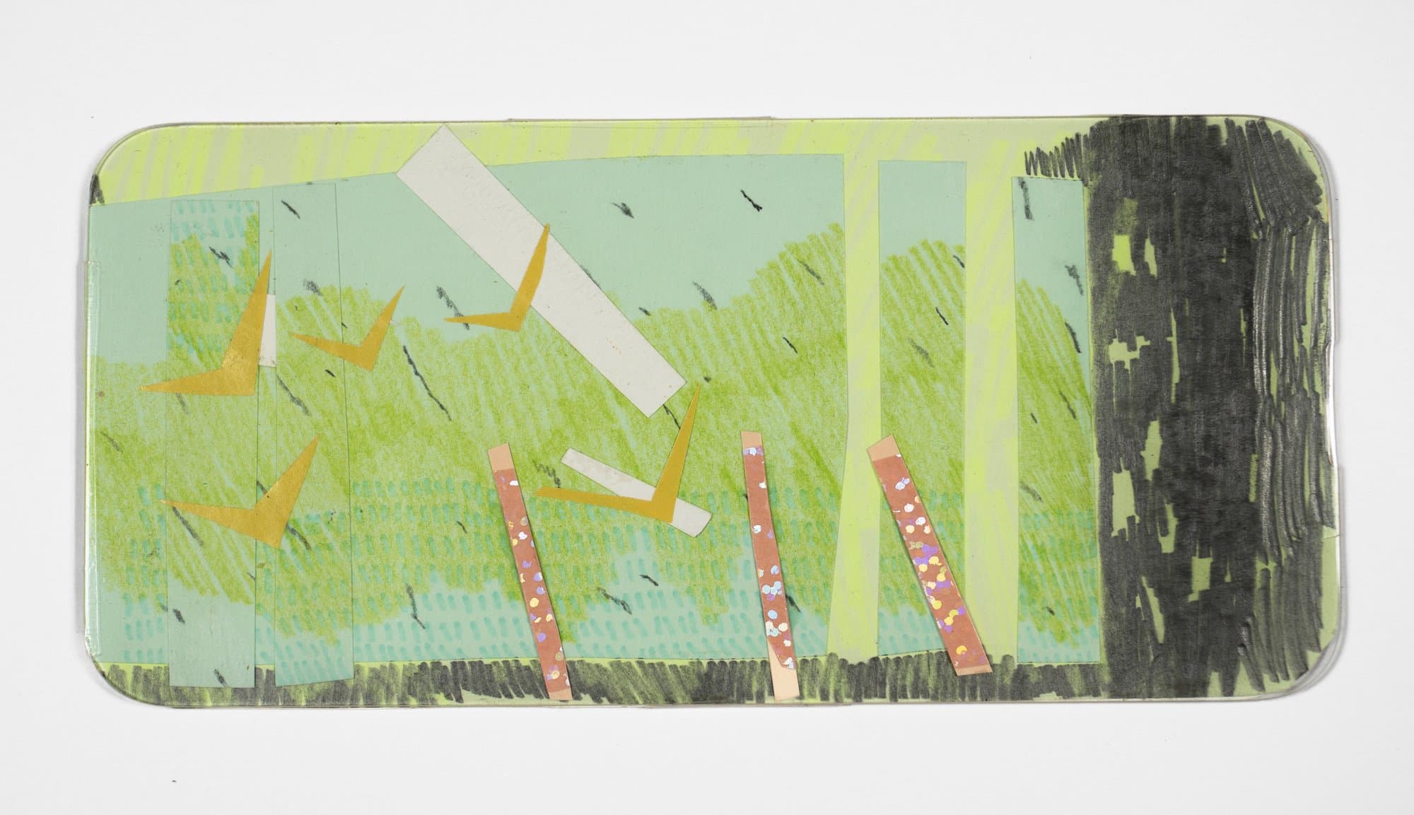Chris Schultz, collage on paper: green field with pastel marks